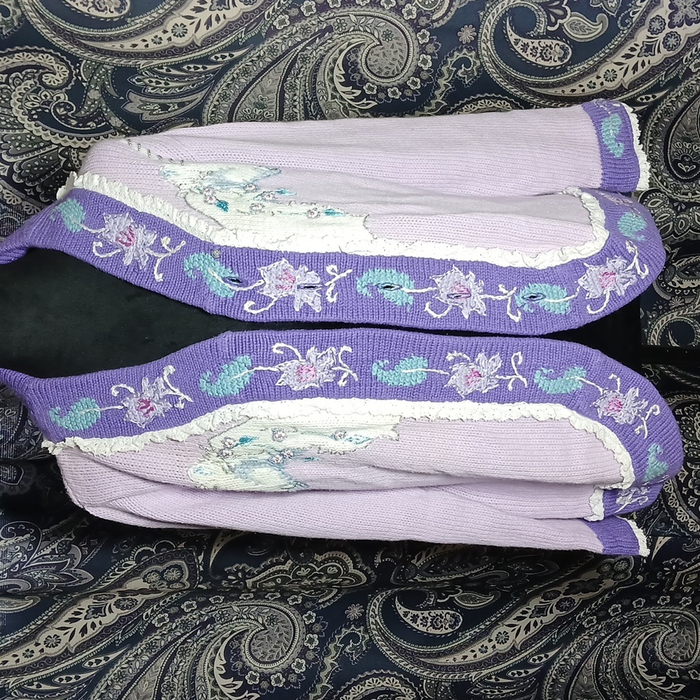 🦄 NWT Storybook Knits Lavender Unicorn Embroidered Beaded Cardigan Grandmacore - Picture 5 of 11